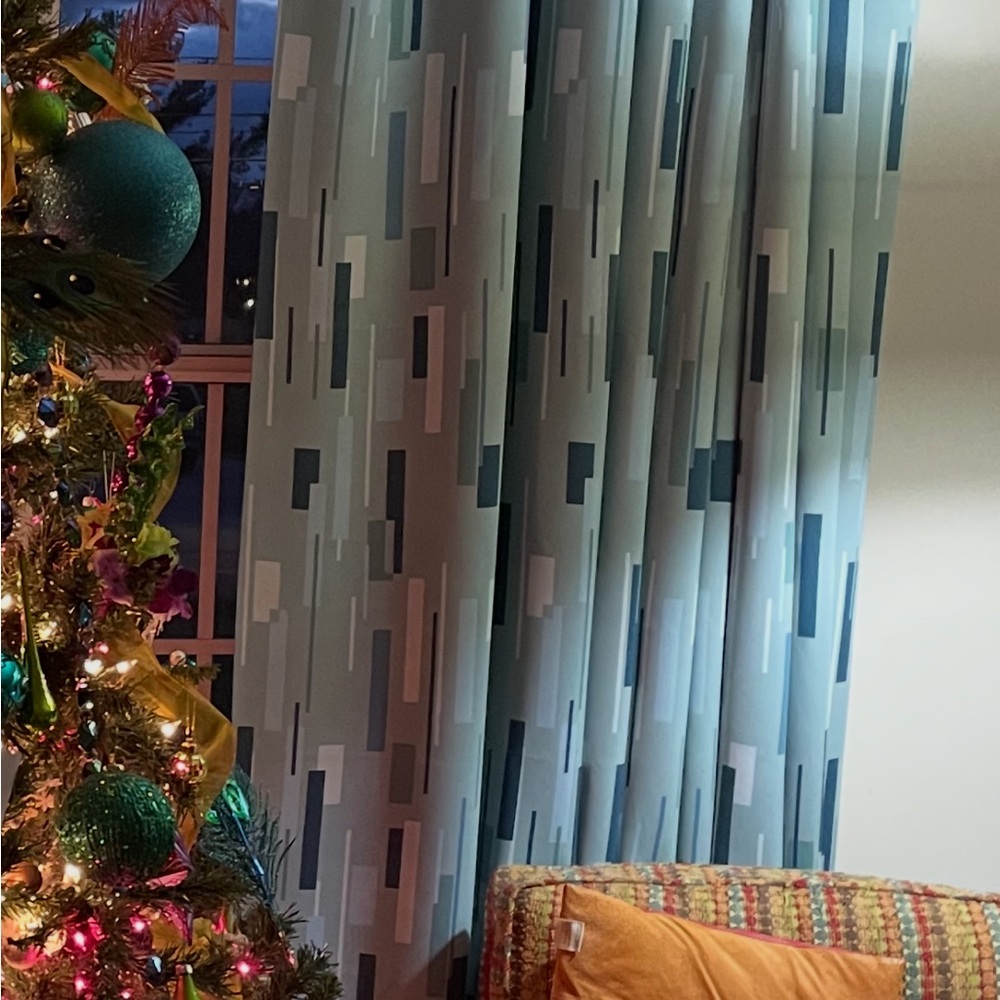 Two (2) MCM style drapery panels blue and teal with bold graphic design